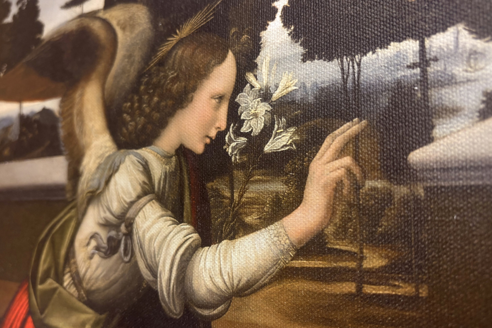 Italy Tuscany Florence, Uffizi Gallery: The Annunciation, Painting by Leonardo da Vinci (1452-1519), Oil on wood, ca. 1472-1475, 98x217 cm   1463941   ja       japanese Successfully Translated  Original: A View of the French Raft, as seen Afloat at St. Mal - Leonardo da Vinci