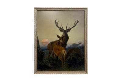 日没時の樹木が茂った風景の中で鹿と雄鹿 - Carl Friedrich Deiker