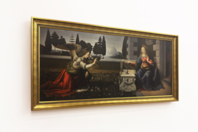 Italy Tuscany Florence, Uffizi Gallery: The Annunciation, Painting by Leonardo da Vinci (1452-1519), Oil on wood, ca. 1472-1475, 98x217 cm   1463941   ja       japanese Successfully Translated  Original: A View of the French Raft, as seen Afloat at St. Mal