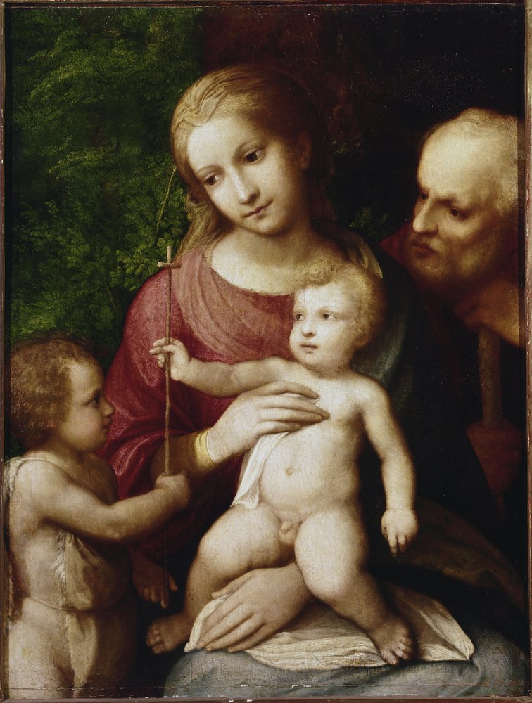 聖家族と幼少期の洗礼者ヨハネ（ポプラ板に油彩 作： （c.1489-1534）コレッジョ