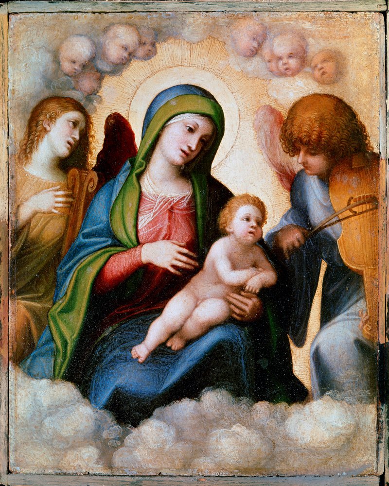 二人の天使とケルビンに囲まれた聖母子像 アレグリ・アントニオ