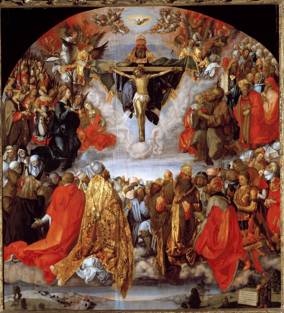 神、イエス・キリスト、聖霊の鳩（全聖人の祭壇画）（木に油彩