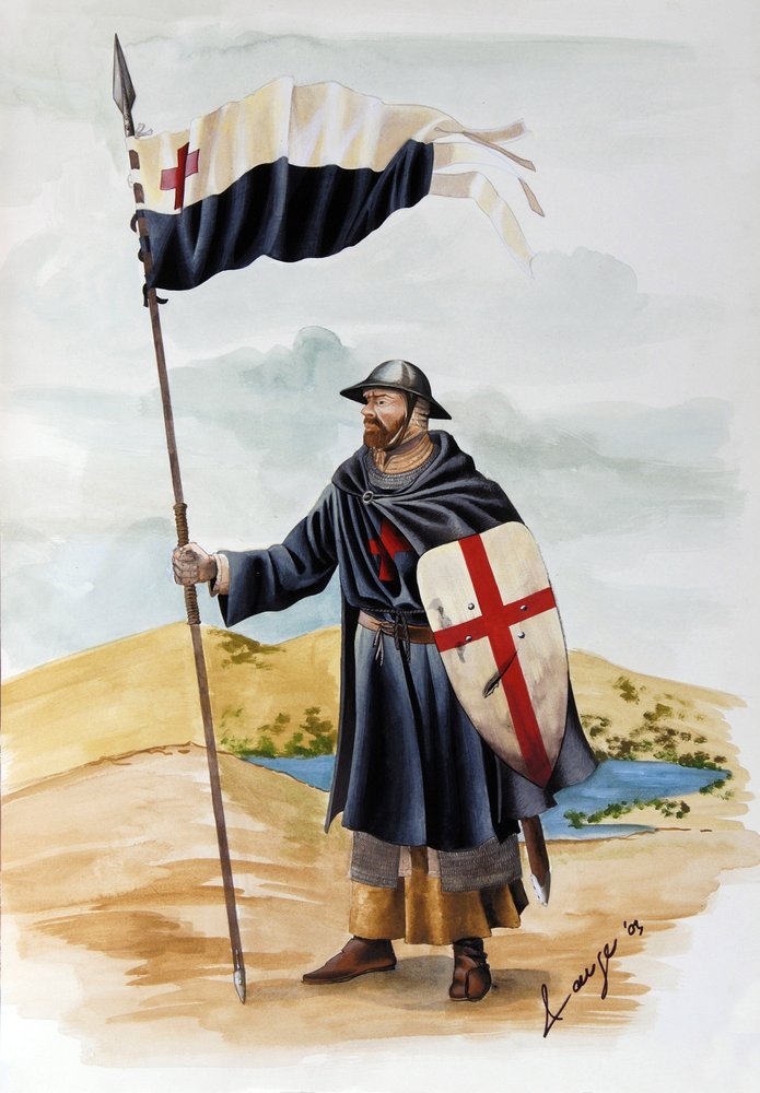 十字軍: 赤十字の黒いドレスを着たテンプル騎士団の騎士。 イラスト