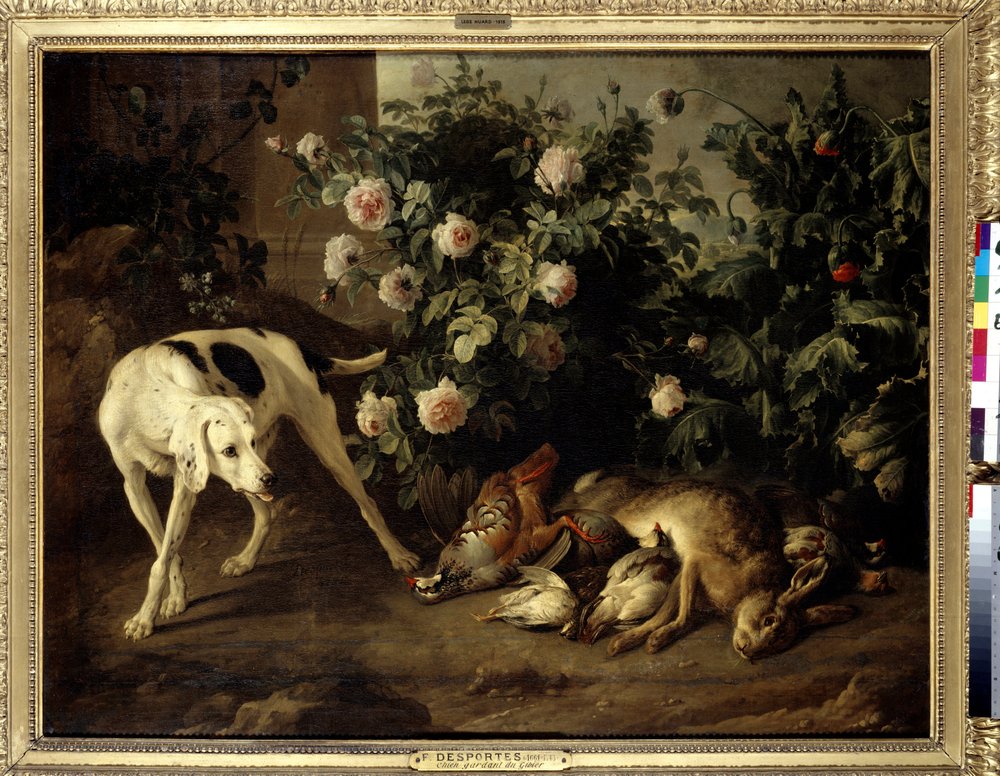 バラの茂みの近くでゲームをする犬 フランソワ・デスポータス（1661