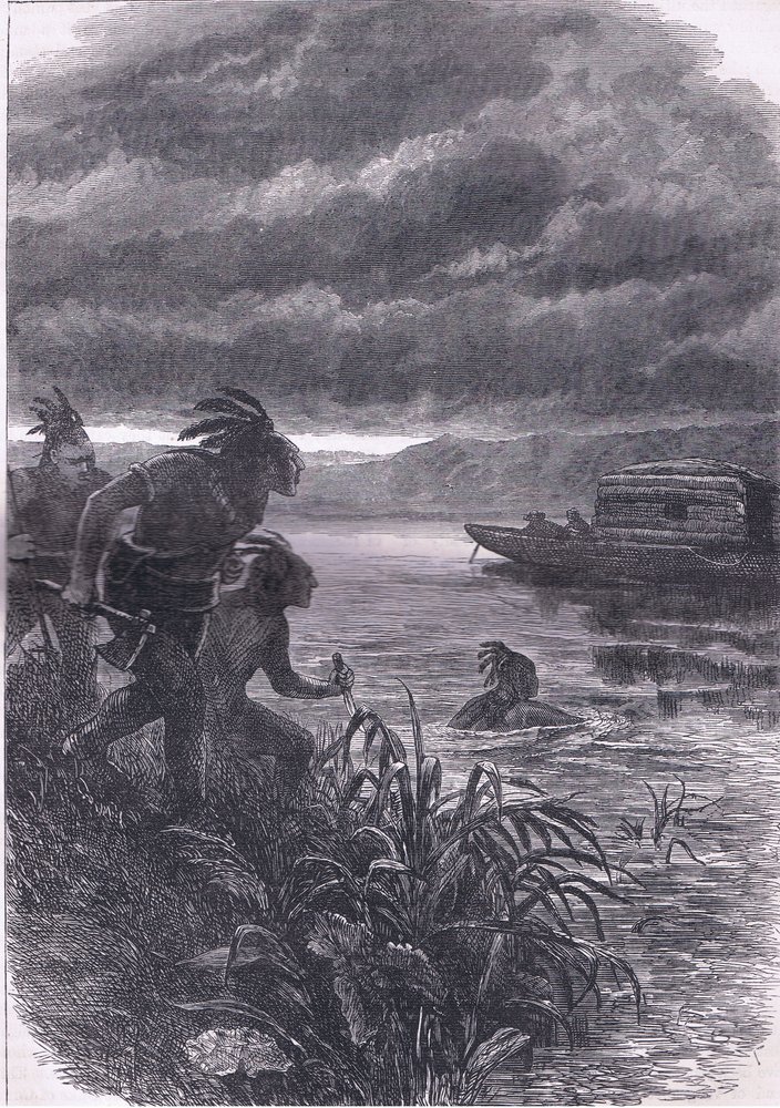野蛮人に襲われるオハイオ州の貿易商たち（1900年頃、Cassell, Petter & Galpin社発行のCassells History of the United Statesからの挿絵）（リトグラフ 作： アメリカ英語学校