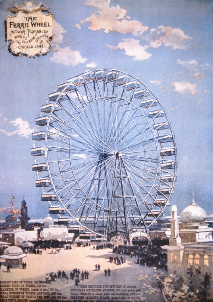 1893年シカゴ万国博覧会のミッドウェイ広場に設置された観覧車（カラー