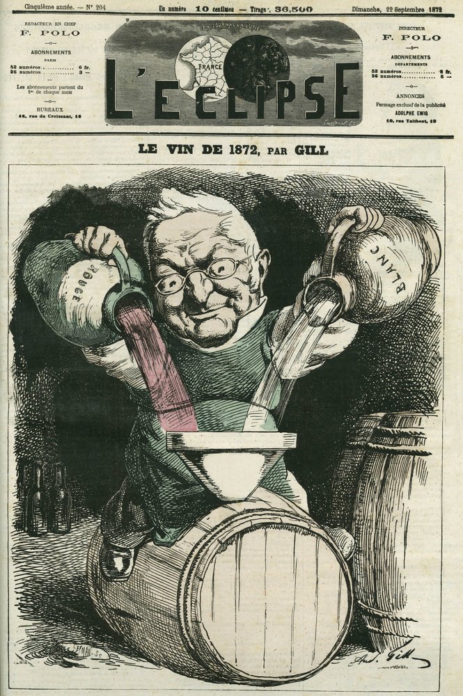 白ワインと赤ワインを混ぜ合わせたアドルフ・ティエールのイラスト「Le vin de 1872」（1797～1877年、フランスの歴史家・政治家）。9月22日付ギル社「L