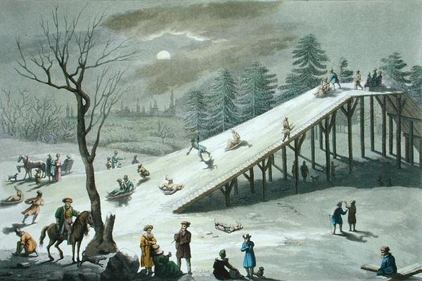 ロシアの公営公園の雪の滑り台 19世紀初頭（彩色済みエングレービング）