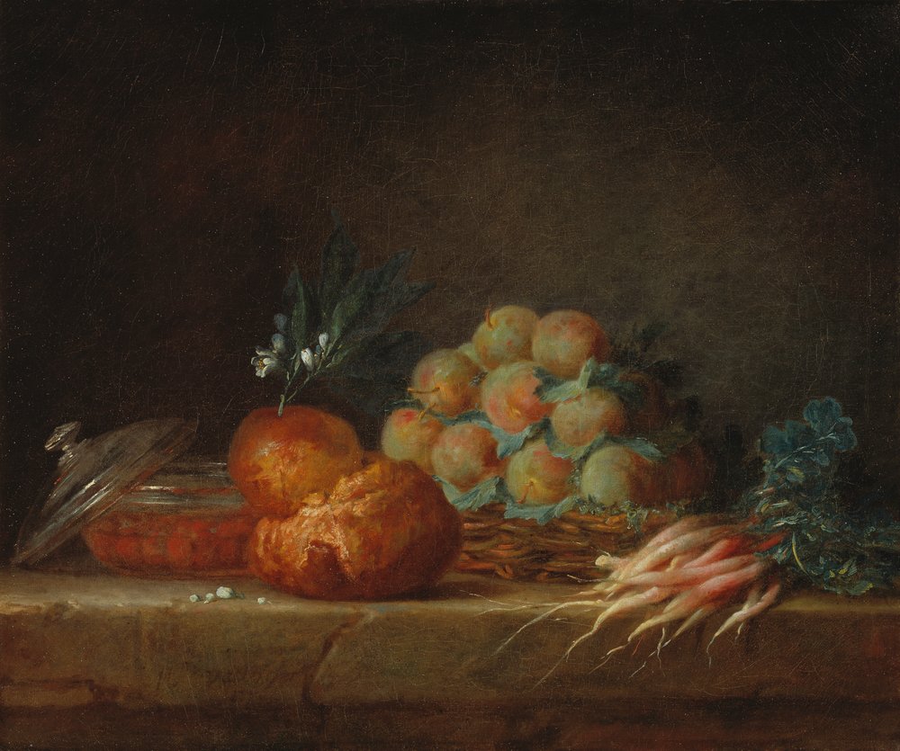 バーナード・キャサリンの静物画 ブリオッシュのある静物、果物と野菜、1775