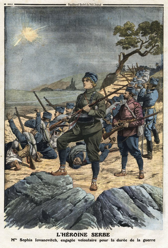 第一次バルカン戦争：トルコに対して志願した若いセルビア人女性、ソフィア・ヨヴァノヴィッチの肖像。イラストは 