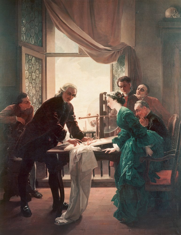 ルイージ・ガルバーニ (17371798) は、妻のルシア・ガレアッツィの助けを借りてカエルの実験を行っています。