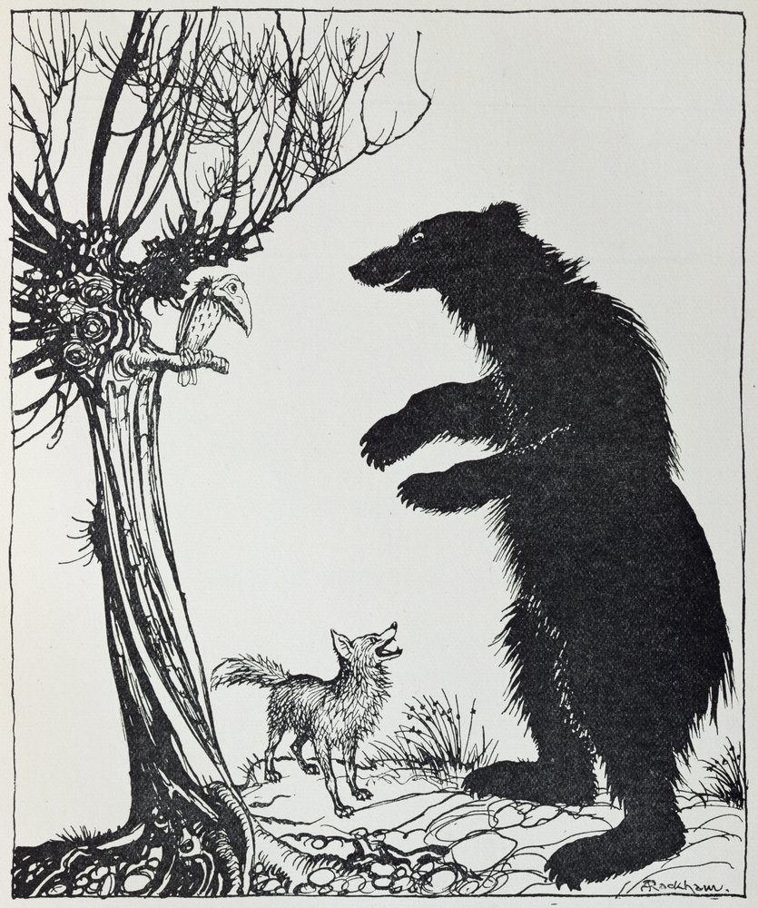 クマとキツネ、「イソップ寓話」のイラスト、ハイネマン発行、1912