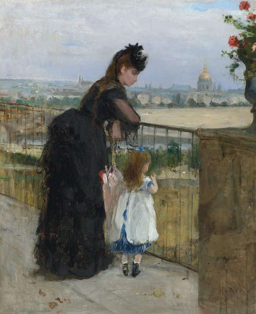 バルコニーの女性と子供