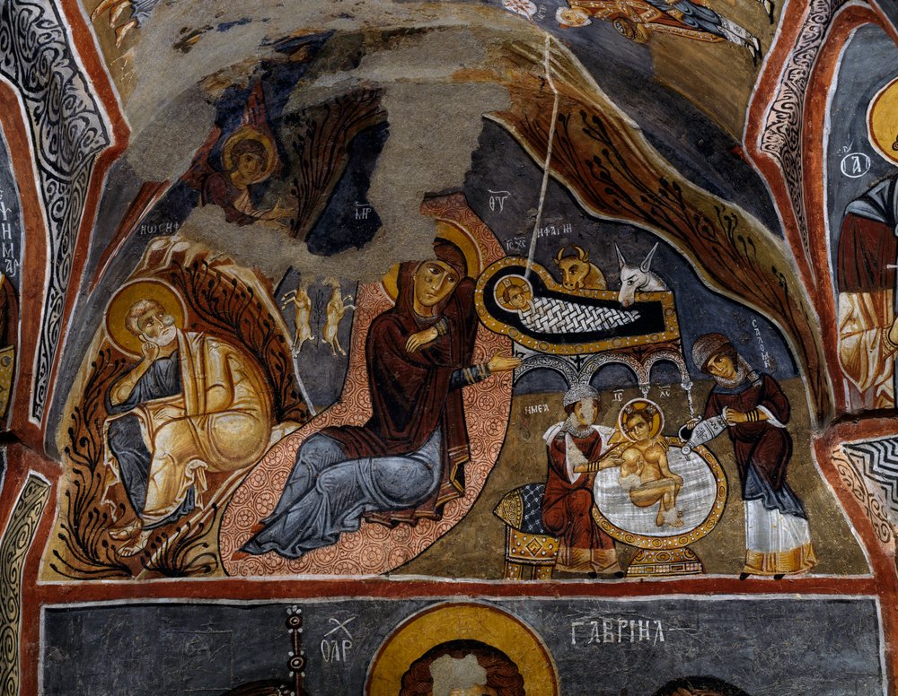 キリストの降誕、ビザンチン様式のフレスコ画（12世紀）、カランリク