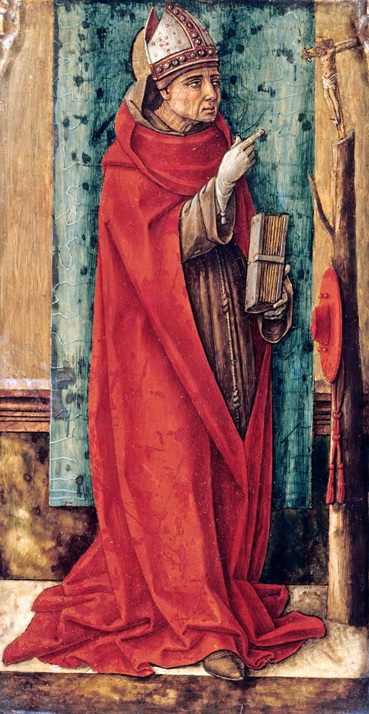 カルロ・クリヴェッリ（c. 1435-c. 1495）による聖ボナヴェントゥル（Giovanni da Fidanza or Bonaventura of Bagnorea or Bagnoregio, c. 1220-1274）の肖像、神学者、教会博士（Doctor Seraphicus）、1490年頃 - 木に油彩、52,8x25,2 - Staatliche Museen 作： カルロ・クリヴェッリ