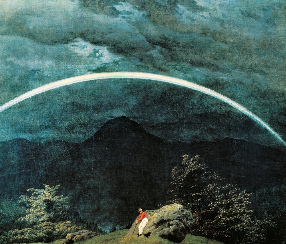Caspar David Friedrich（1774-1840）による、虹のある山の風景の詳細