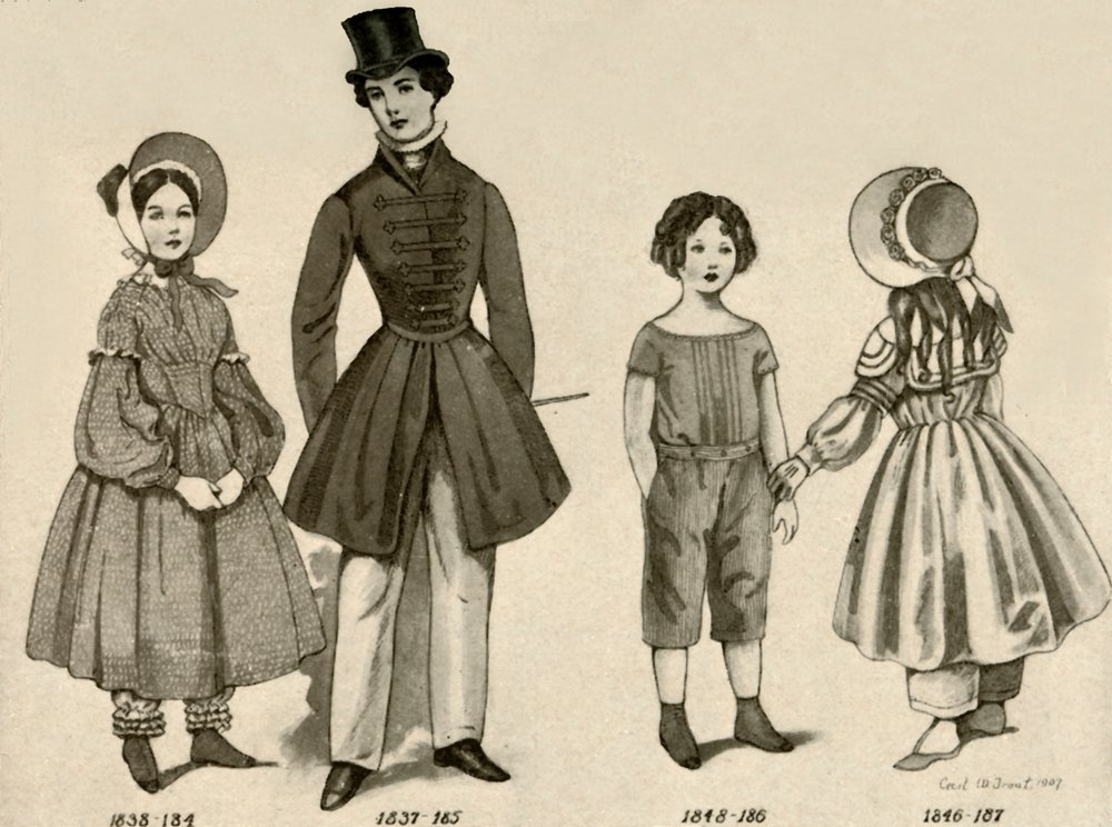 1830〜1850年、1907年、1937年の子供服。