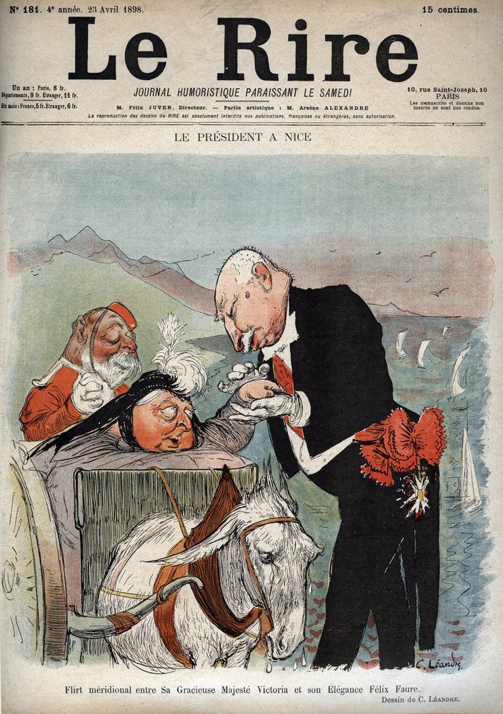 ニースでの大統領 - フランス大統領フェリックス・フォールがニースでヴィクトリア女王と会見 - 1898年4月23日付「Le Rire」紙に掲載されたシャルル・レアンドル（1862-1934）の漫画 作： チャールズ・ランドレ