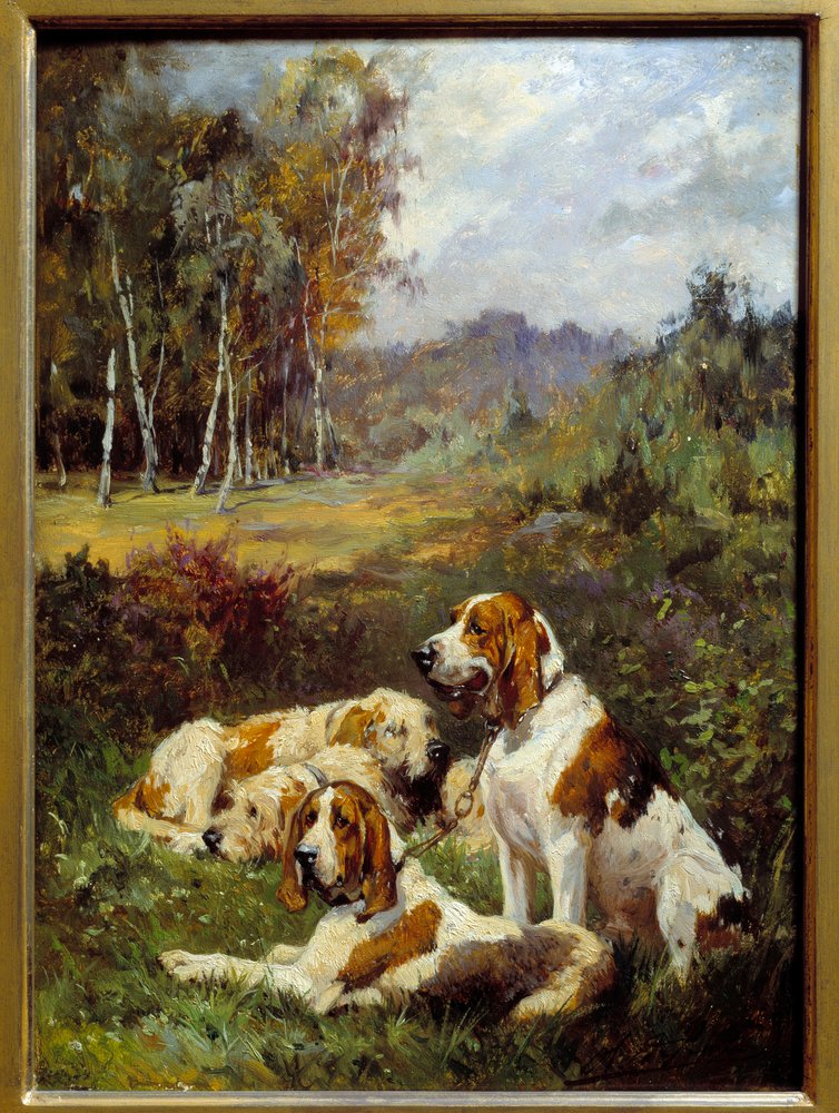 【希少】ハンティング絵画 額装 英国調 馬 犬 狩猟画 Paragon 高級感 4匹の狩猟犬シャルル・オリヴィエ・ド・ペンヌ（1831-1897）の絵画