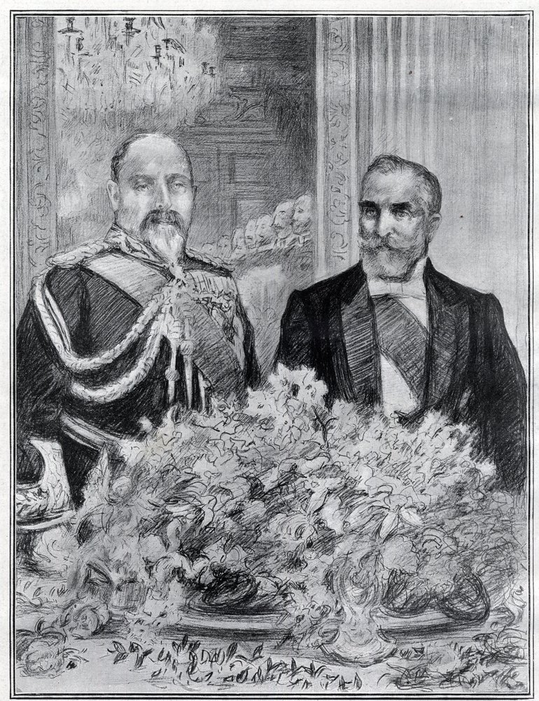 コーディアル：フランス大統領エミール・ルベのロンドン訪問フランス大使館での宴会エドワード7世とルベポール・ルヌアールが『グラフィック』紙