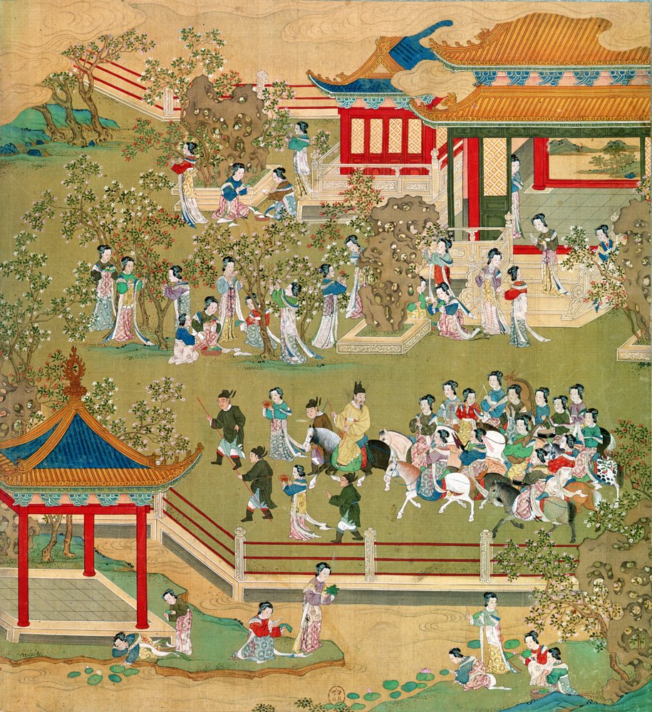 皇帝ヤンティ（581-618）が中国皇帝（絹の色）の歴史から妻と一緒に庭