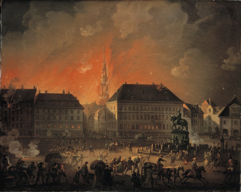 最も恐ろしい夜、1807年9月4日から5日にかけてのイギリス軍によるコペンハーゲン砲撃時のコペンハーゲンのKongens Nytorvの夜景