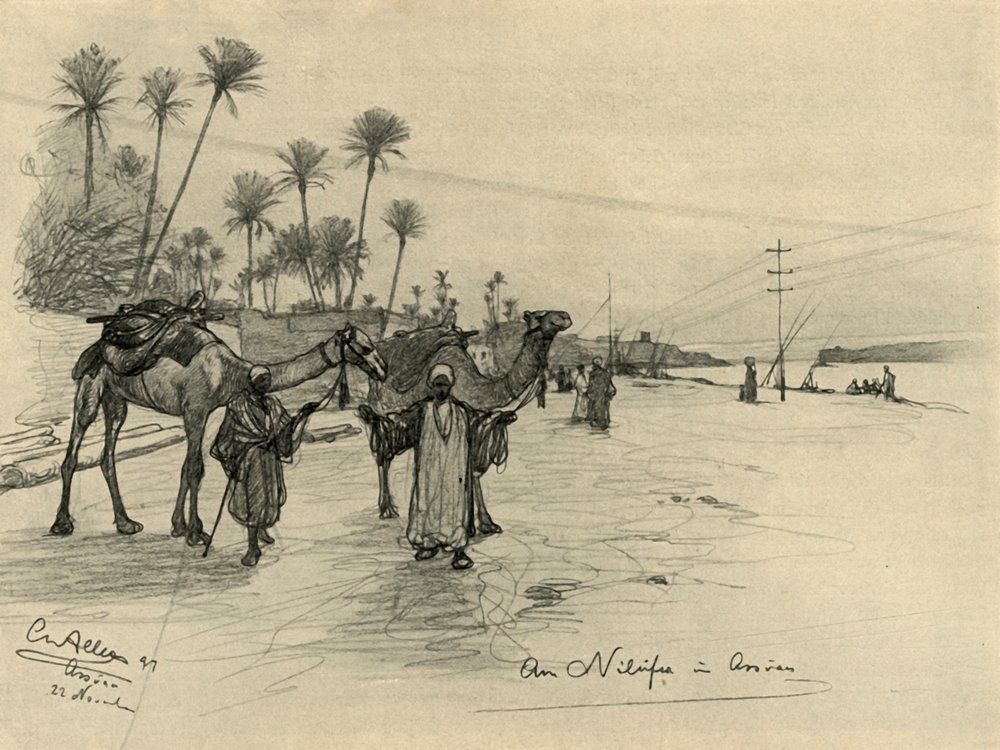 1898年、エジプト、アスワンのナイル川のほとりでラクダ乗り。