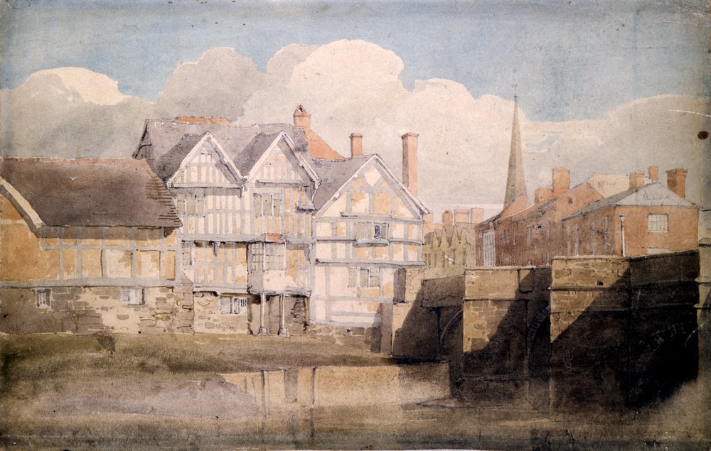 Old Houses and Yye Bridge、ヘレフォード、1820 作： デビッドコックス