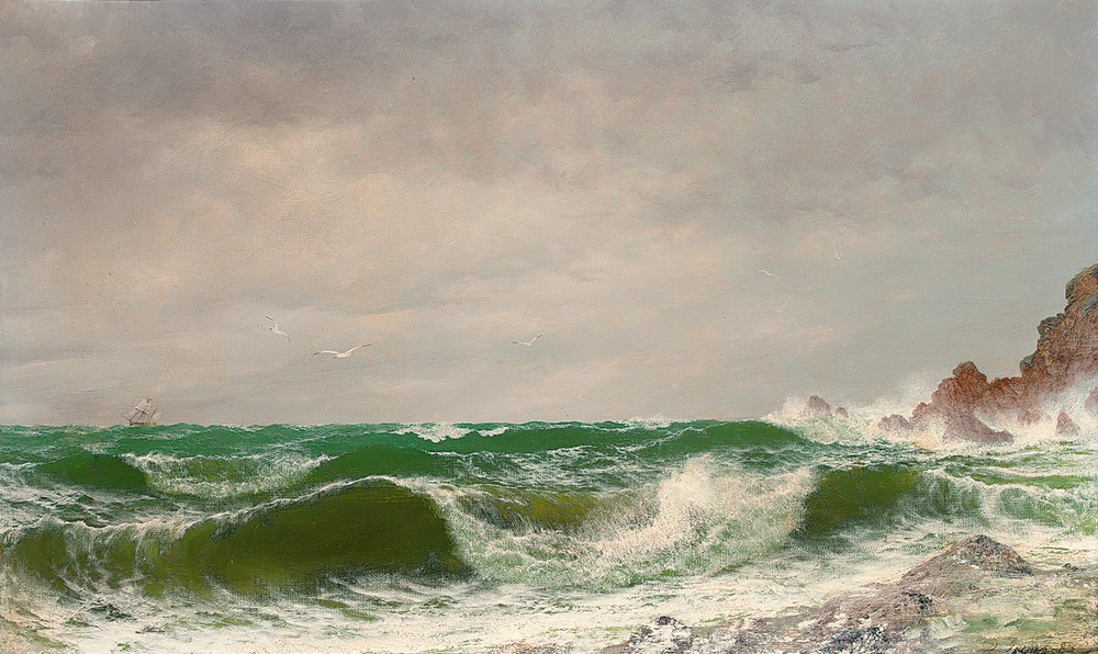 1885年、岩だらけの海岸に打ち寄せる波
