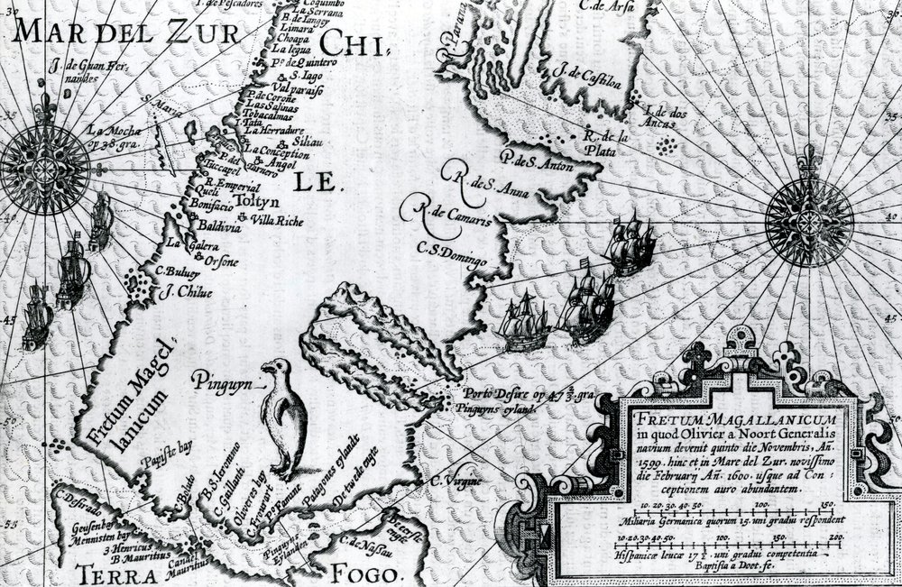 マゼラン海峡の地図、オリバーヴァンノールツの航海の説明、1602年版