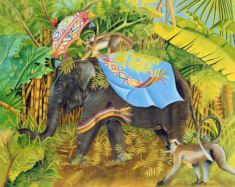 2005年のサルとパラソルの象（キャンバスにアクリル絵具）
