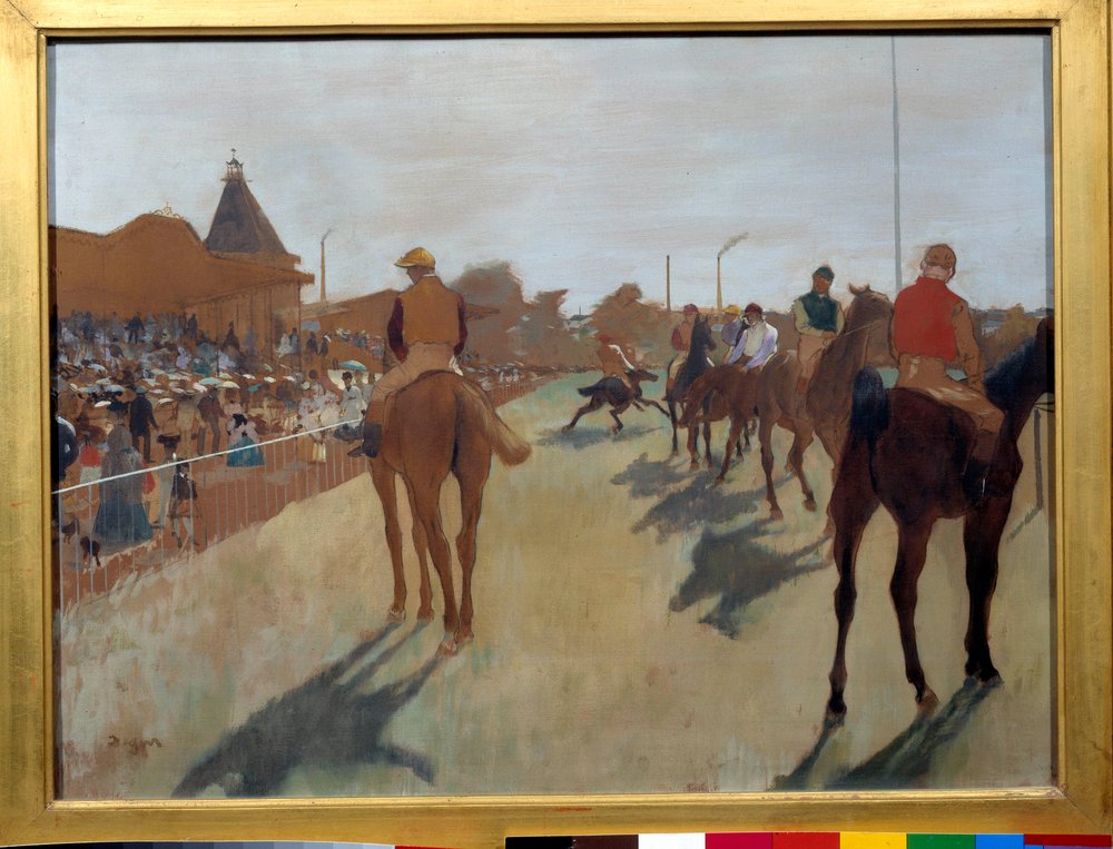 ディフィルには「スタンド前の競走馬」と書かれている エドガー・ドガ