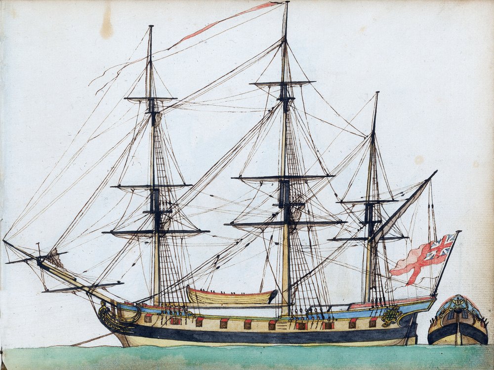 20門砲のイギリス船、艤装とボートを示す、船尾の別図、1780年頃（水彩、ペン・インク） (watercolour, pen  ink ) 作： エドワード・グウィン