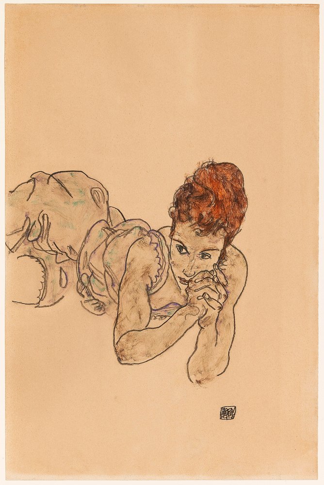 エゴン・シーレ、【両足を広げて横たわる女】、希少な画集画、状態良好 横たわる女、1917年。 | エゴンシーレ