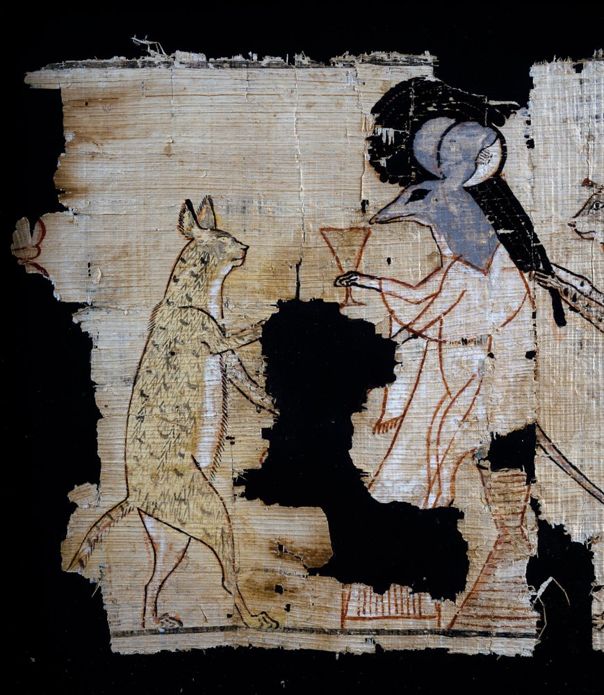 風刺場面を描いたパピルス、紀元前1100年頃、ラメセス9世の時代のもの