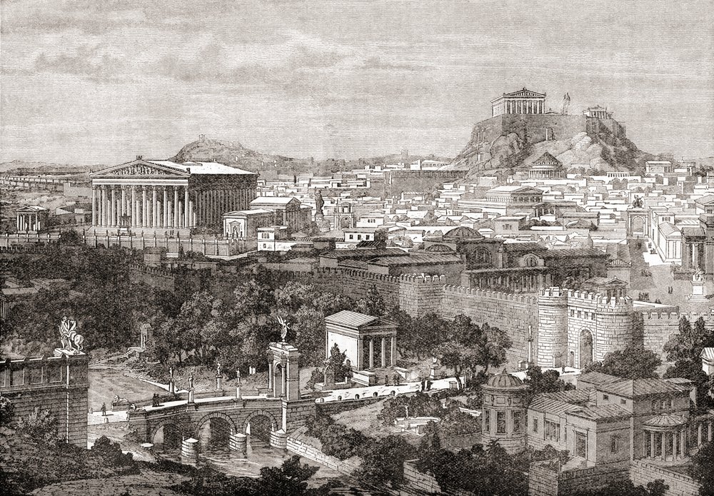 古代ギリシャのアテネの景色。 The Review of Reviews、1891 年発行より
