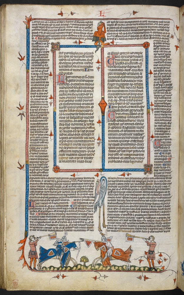 Royal MS 10 iv f.065v Knights Jousting with marginal decoration, illustration from the 