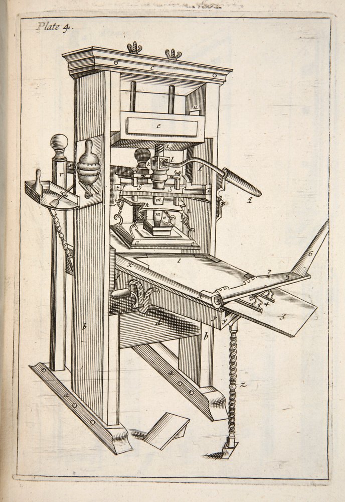 印刷機、パブ。 1683年の彫刻。 作： 英語学校