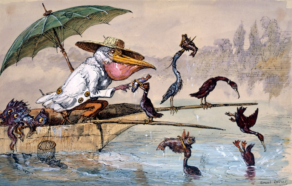 傘の下のパントでペリカンに魚を差し出す鵜、c1864-1907