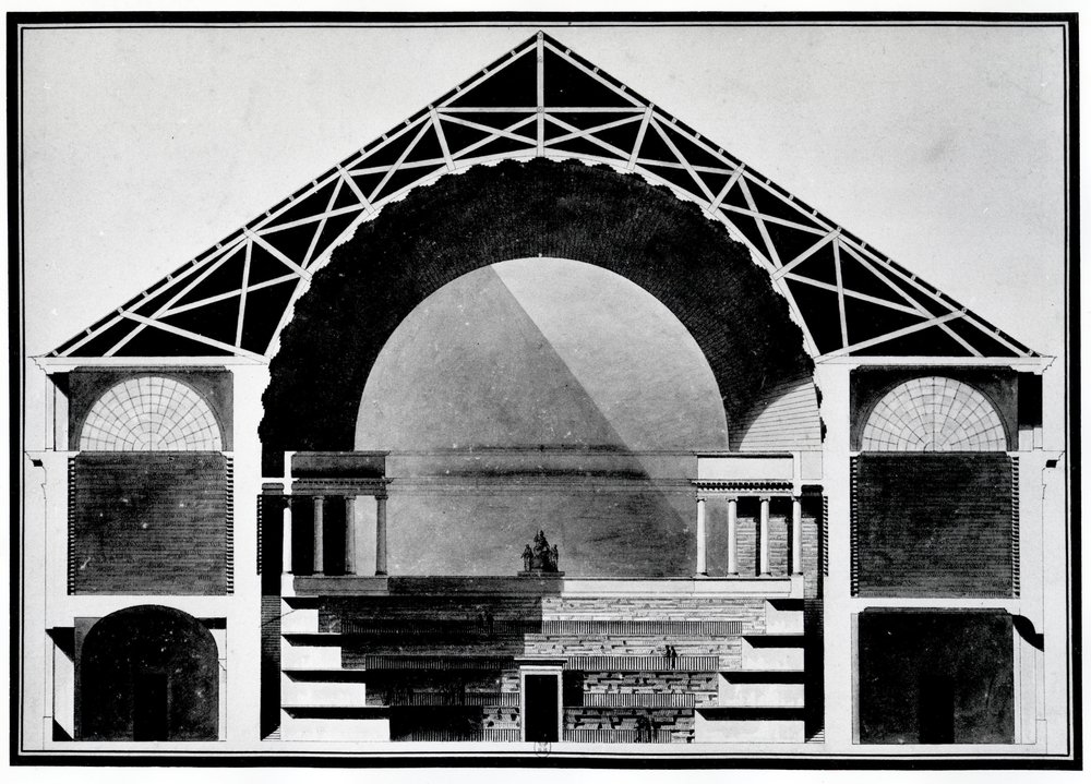 フランス王立図書館、建物の断面図。エティエンヌ・ルイ・ブーレ