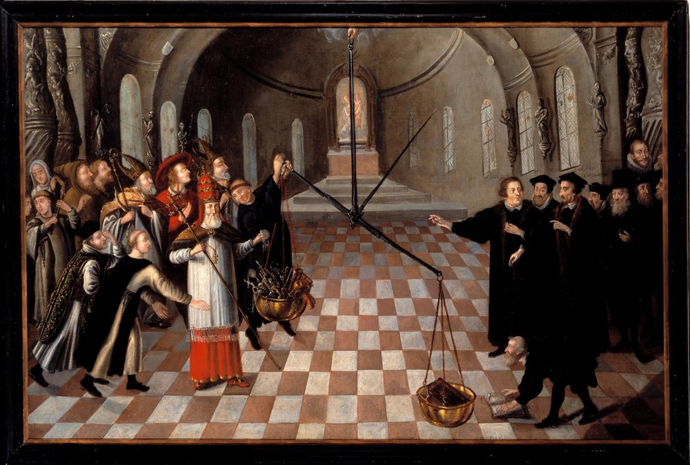 宗教の秤量」」 カトリックに対するルター派の風刺画で、左に描かれて