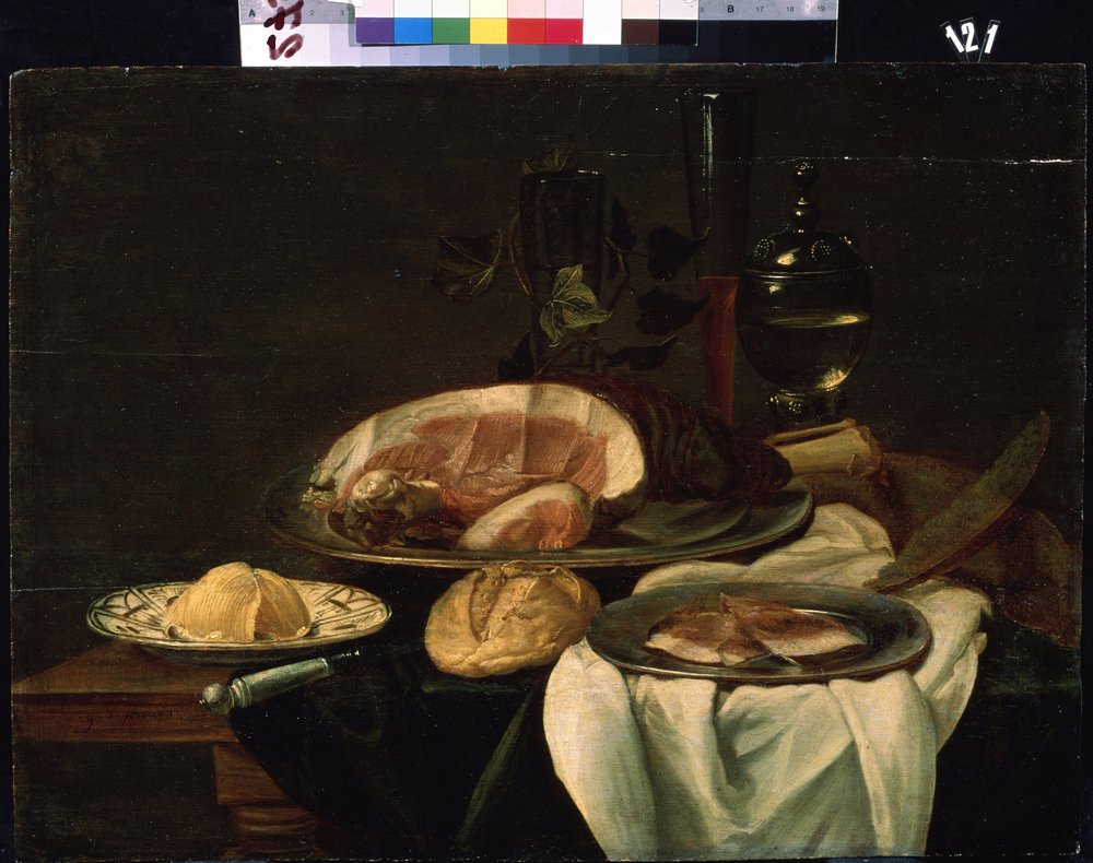 Still life」（静物） ハム、パン、バター。 オランダの学校の絵画