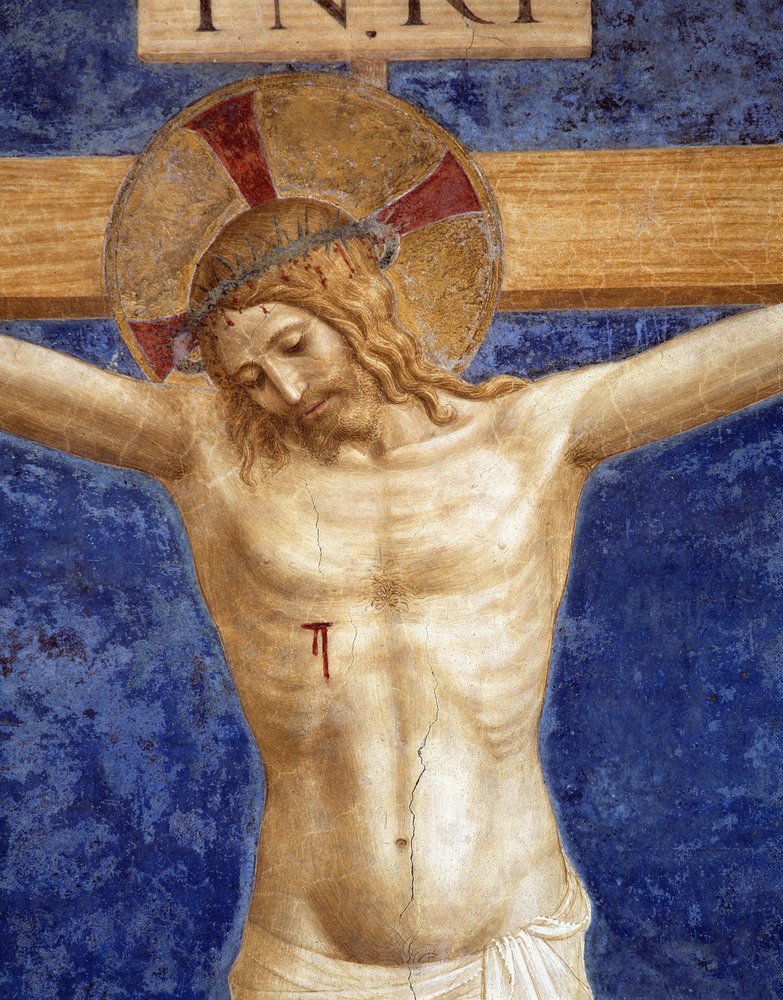 十字架にかけられたキリスト。十字架上の銘文「INRI」、部分 作： フラアンジェリコ
