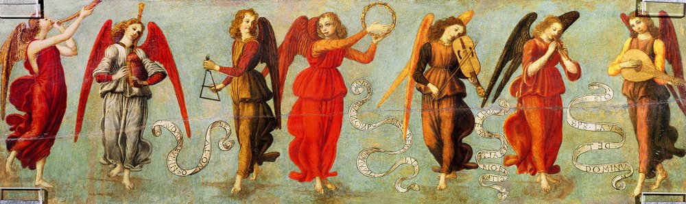 楽器を演奏する天使、1475-97年（盤上のテンペラ）