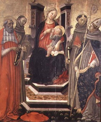 聖母子像ジェローム、アッシジのフランシスコ、パドヴァのアンソニー、トゥールーズのルイ（パネルにテンペラ）