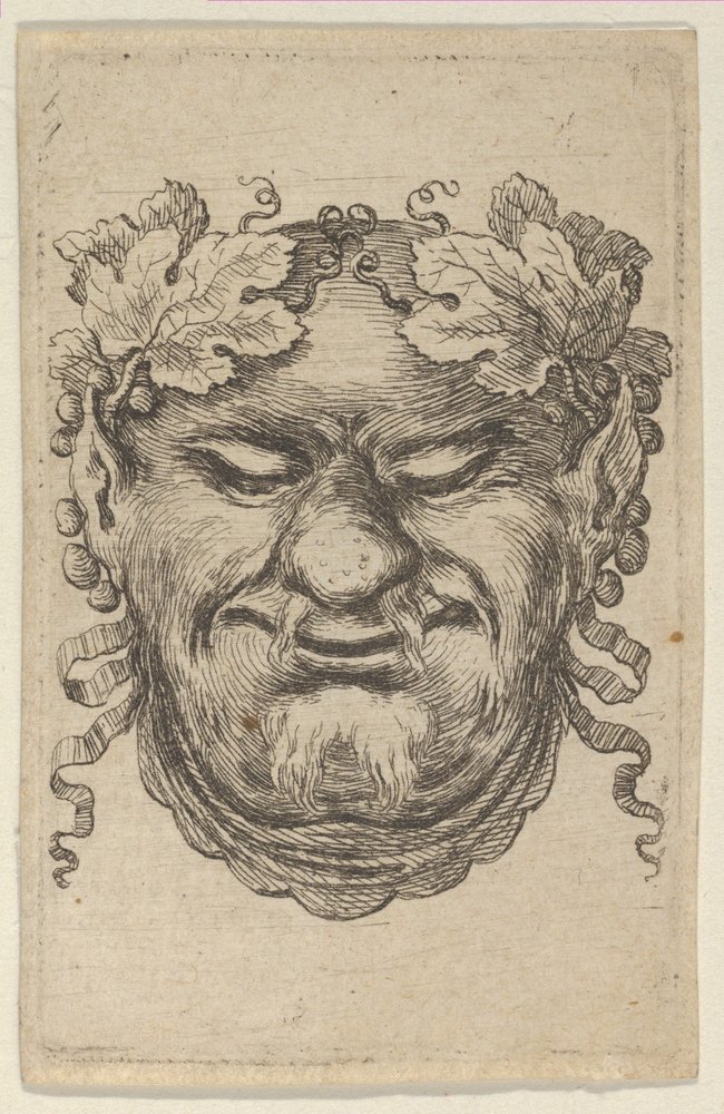 Divers Masques からのブドウの葉とリボンの花輪を持つバッカスの仮面。 1635-45。