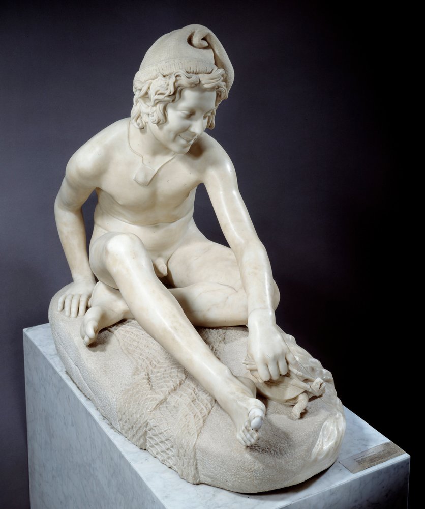亀と戯れるナポリの青年漁師 フランソワ・ルード（1784-1855）の大理石