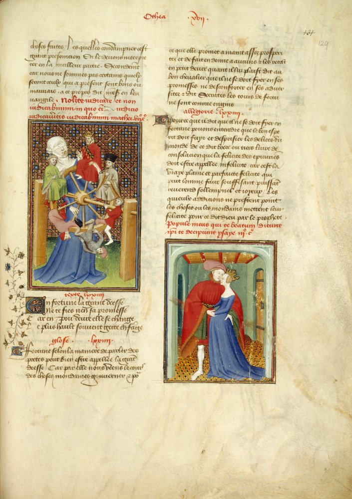 ハーレー 4431、f.129 運命の輪。 「女王の書」より、ヘレンを抱きしめるパリス、vol. 1、Christine de Pizan著、c.1410-14（ベラムにインク、カラー、ゴールド） 作： フランス語学校