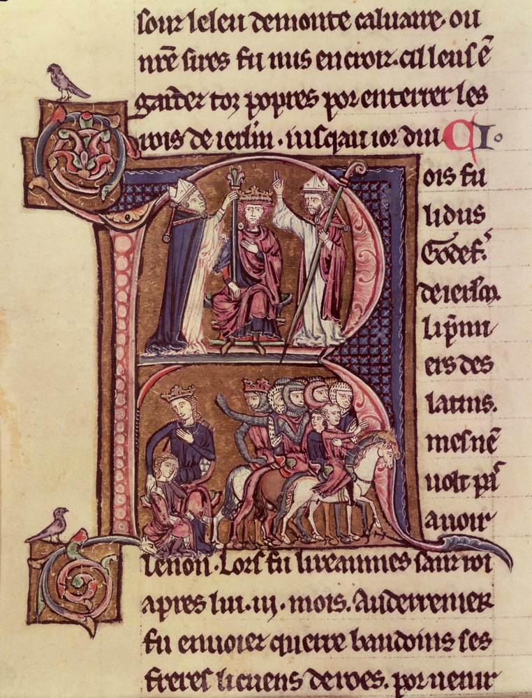 MS Fr 9081 f.99v 1204年にラテン皇帝として戴冠されたフランダースのボールドウィン1世（1171-1205）と、子供を送り出すトルコ人女性に対する寛大さを描いた歴史的な初期R 作： フランス語学校