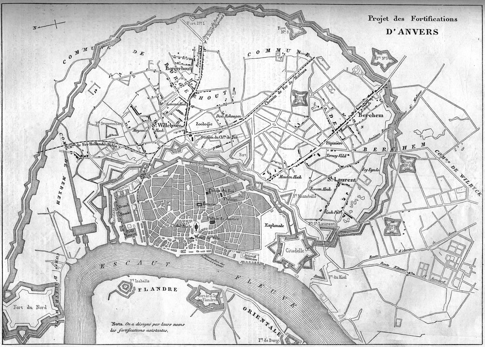 1859年のアントワープ（ベルギー）の地図、新要塞計画を表す。9月24